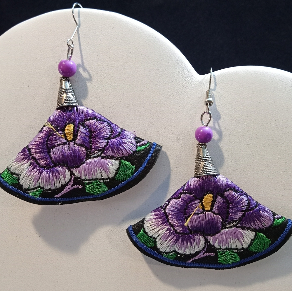 Vibrant Purple Floral Hungarian Embroiderd Chandelier Earrings 2.5" Silver Hooks